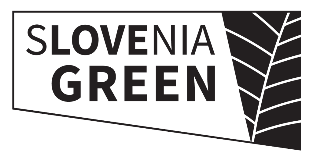 Black and white logo with the words Slovenia Green and a stylized leaf pattern on the right side.